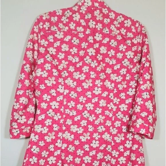 Lands' End Women's Sz.2 button down shirt no iron Supima cotton Floral Hot Pink - Picture 2 of 4
